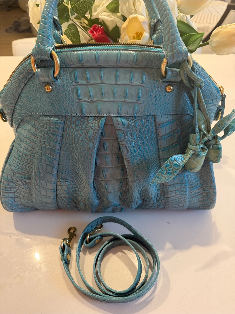 Rare Brahmin Louise Turquoise Croc-Embossed Satchel with Detachable Strap